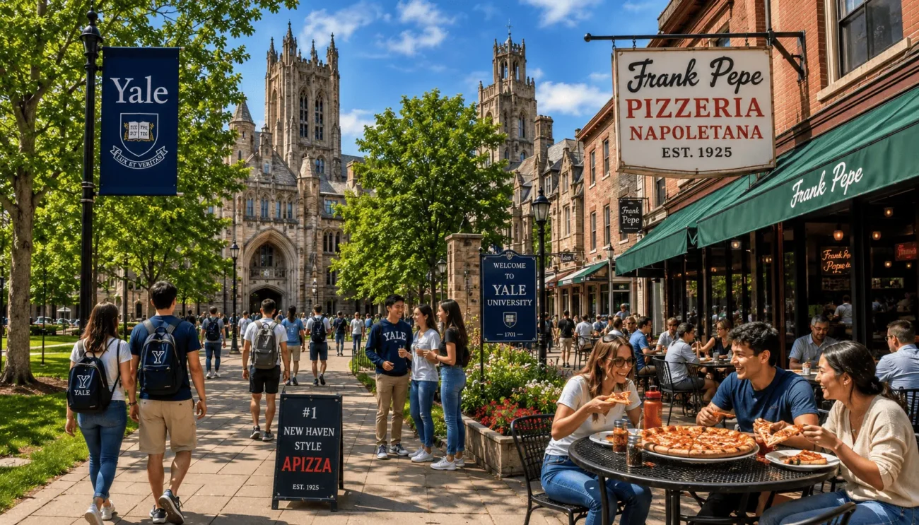 Image of people walking to Tale and some eating pizza